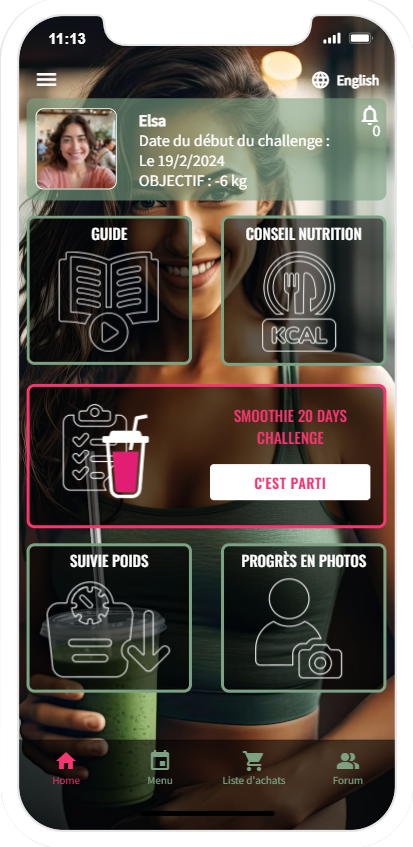 Interface de l application smoothie 20 days
